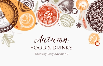 Autumn desserts banner in collage style. Thanksgiving dinner illustrations. Fall festival desserts, pies, cakes, drinks sketches. Sketched fall food background. Thanksgiving table trendy border in col